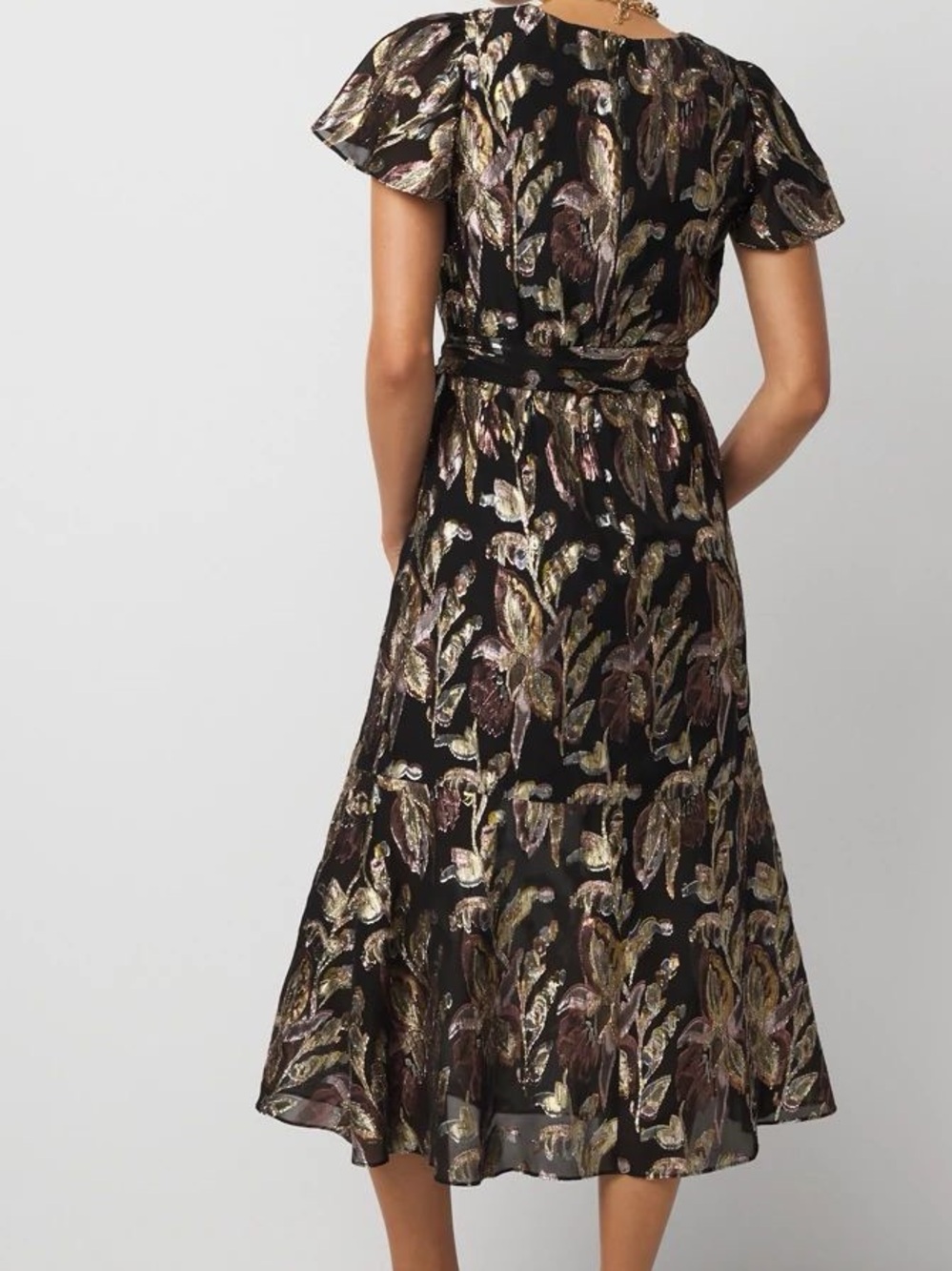 White House Black Market Black Metallic Floral Wrap Midi Dress - Picture 2 of 4